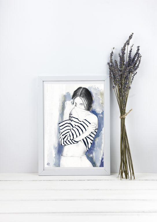 Bleu dessin de femme qui se cache sous son pull rayé dans un cadre blanc