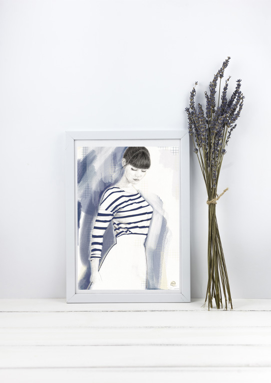 Danseuse dessin de femme en pull rayé et jupe blanche dans un cadre blanc