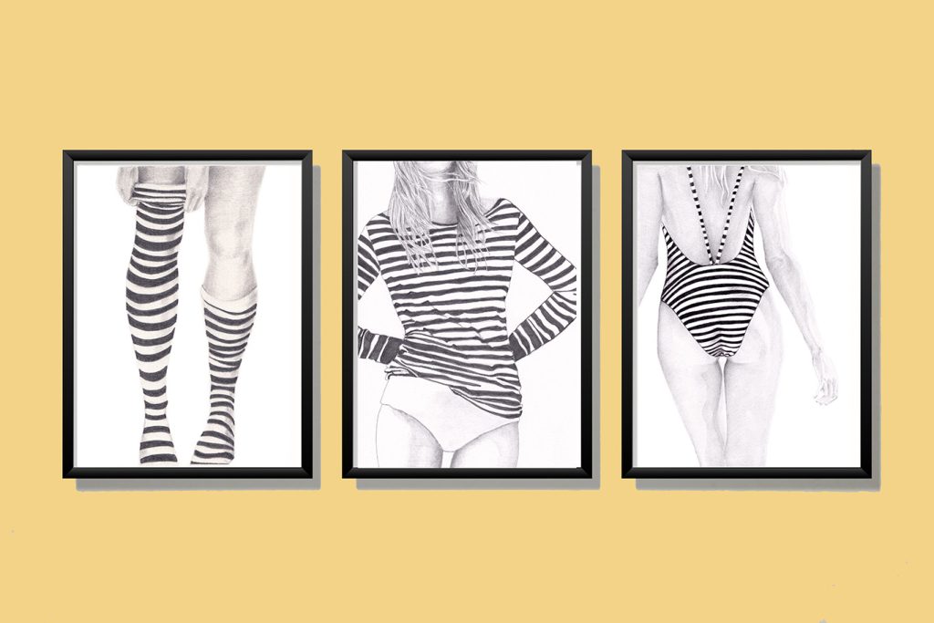 trois tableaux de silhouettes féminines habillées avec des rayures noires et blanches