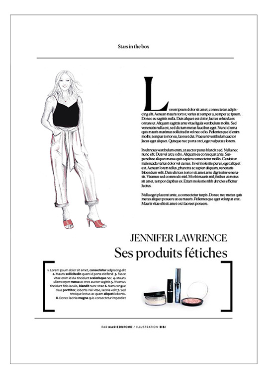 illustration de mode de Jennifer Lawrence dans une page de magazine de la Presse féminine