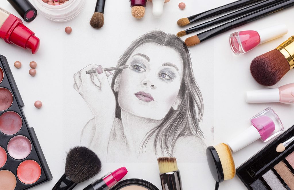 dessin de femme au cheveux longs qui se maquille pour une publicité de produits de beauté