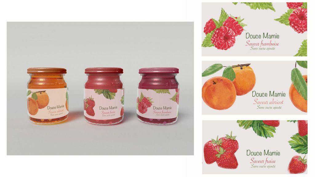 illustration digitale pour packaging de confiture représentant des fraises, des abricots et des framboises