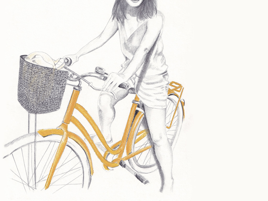dessin au crayon de femme brune avec une tenue estivale sur un vélo jaune