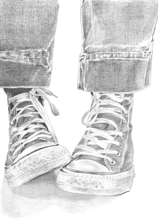 illustration de mode avec des converses dessinée au crayon en noir et blanc