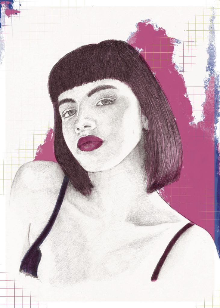 dessin au crayon de femme brune avec une frange sur fond rose