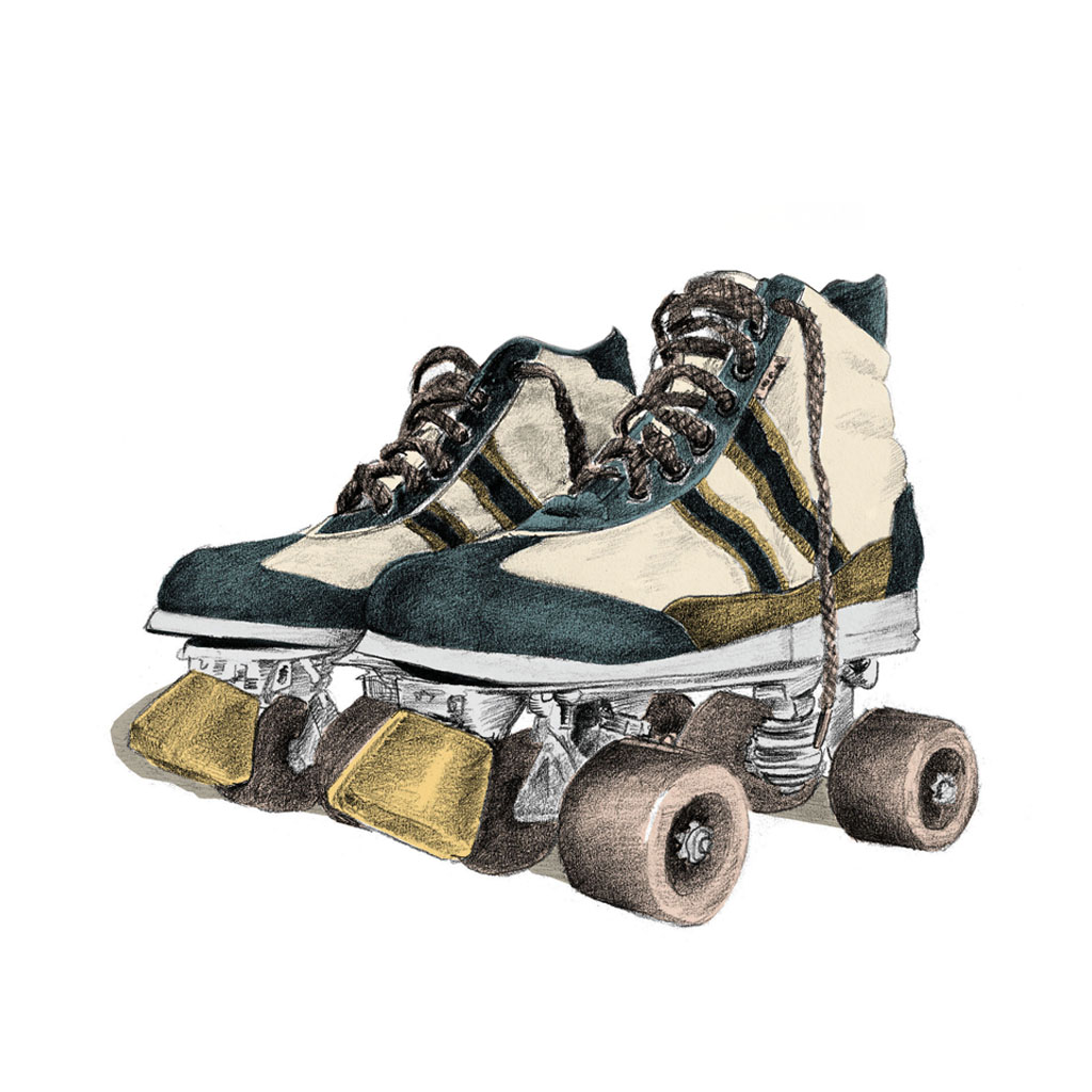 dessin de rollers holy vintage, colorisé en rose, bleu et jaune