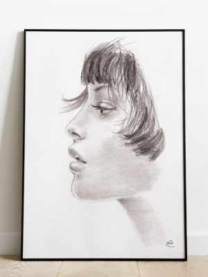 dessin d'un portrait de femme de profil dans un cadre, réalisé au crayon graphite