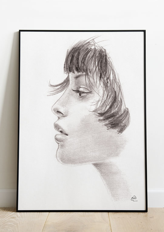 PROFIL dessin d'un portrait de femme de profil dans un cadre, réalisé au crayon graphite