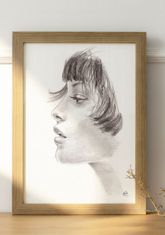PROFIL portrait de femme de profil dessiné au crayon graphite, dans un cadre en bois