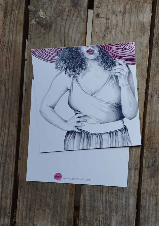 carte le grand chapeau dessin d'une femme avec un grand chapeau