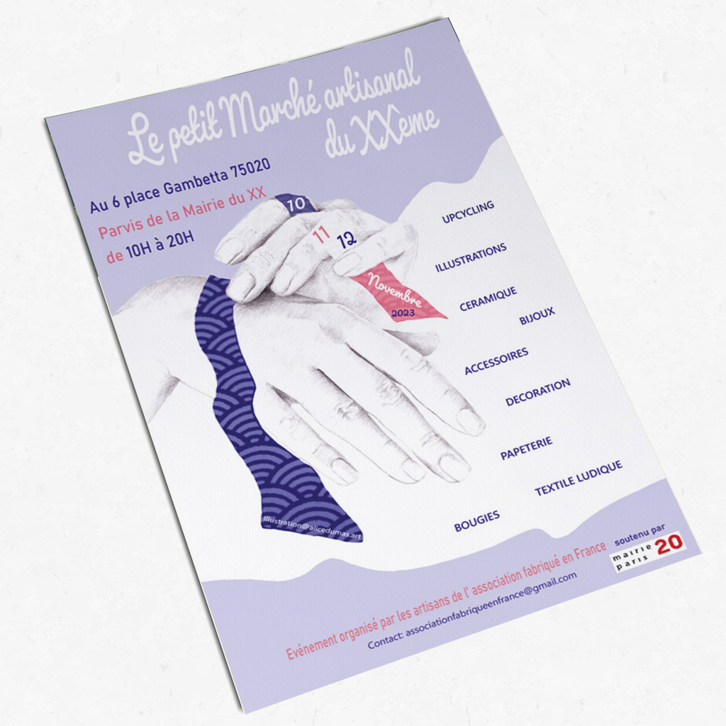 affiche réalisée pour un marché de créateurs organisé par association fabriqué en france et soutenu par paris mairie du XXème