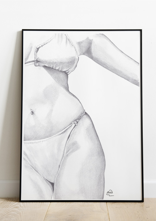féminité courbes dessin noir et blanc de femme en maillot de bain