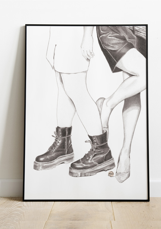 dessin au crayon de jambes féminines dans un cadre
