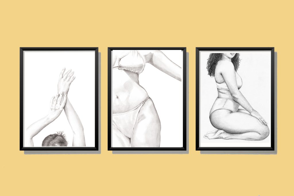 3 tirages d'art encadrés , dessins de corps féminins