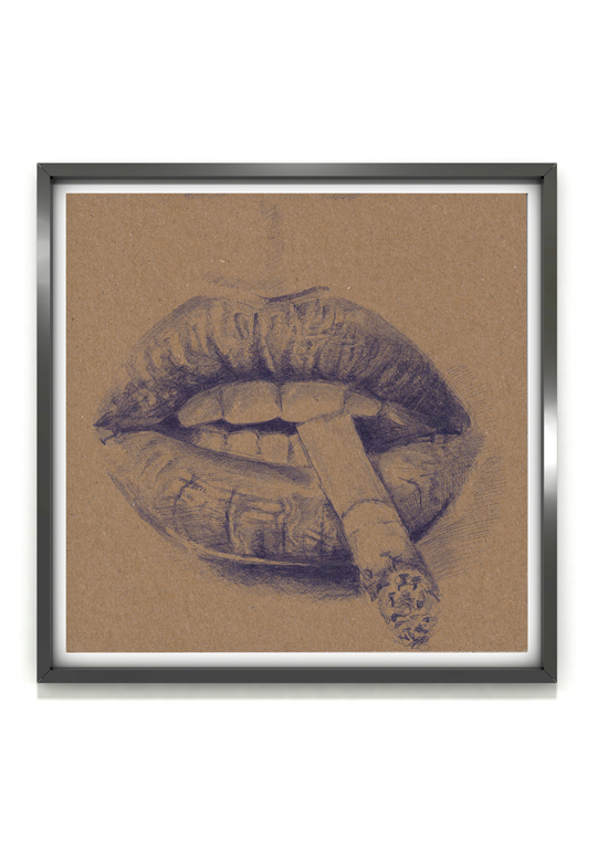 dessin au stylo bouche et cigarette dans cadre noir