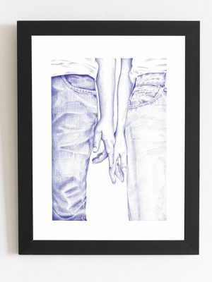 cadre d'un dessin au stylo représentant un couple en jean qui se donne la main