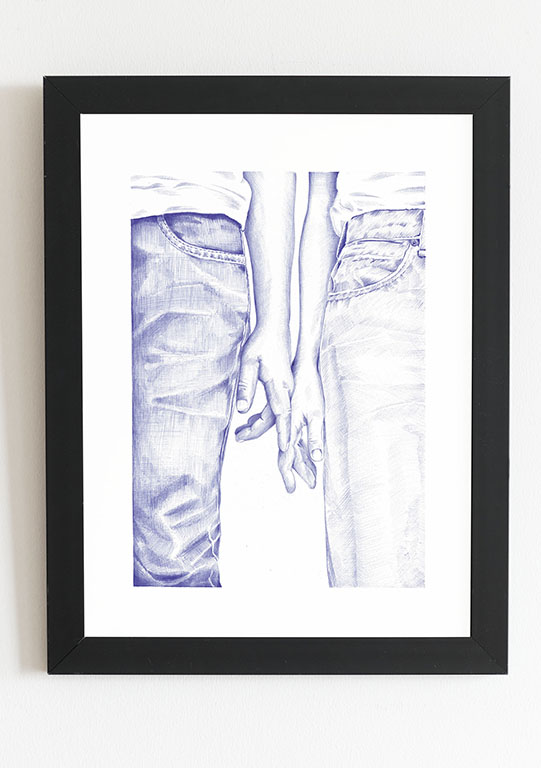 eux cadre cadre d'un dessin au stylo représentant un couple en jean qui se donne la main