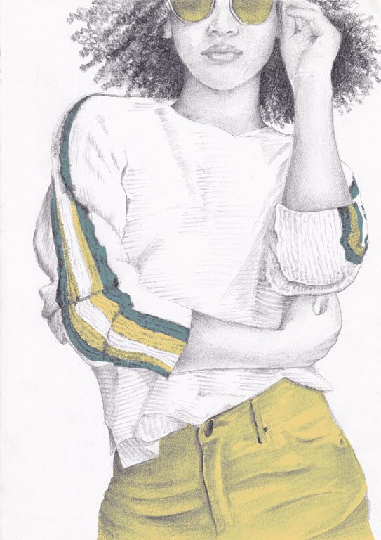 illustration de mode vintage pour portfolio de femme à lunettes et pantalon jaune